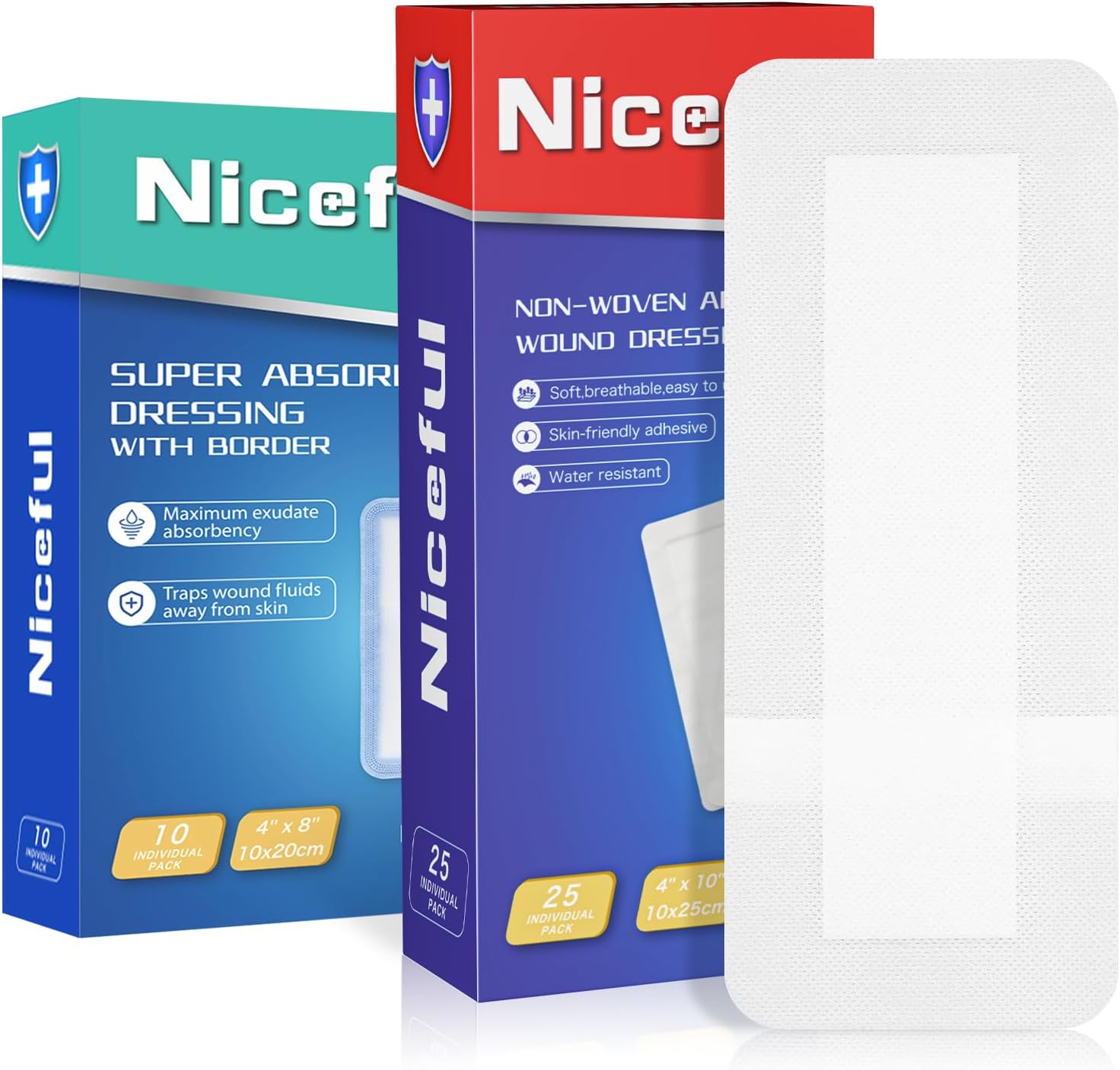 Niceful 25 Pcs Island Dressing 4"x10", 10 Pcs Super Absorbent Woud Dressing 4”x8“，Highly Absorbent Wound Dressing, Easy to Remove, Wound Care Products for Family First Aid Kits
