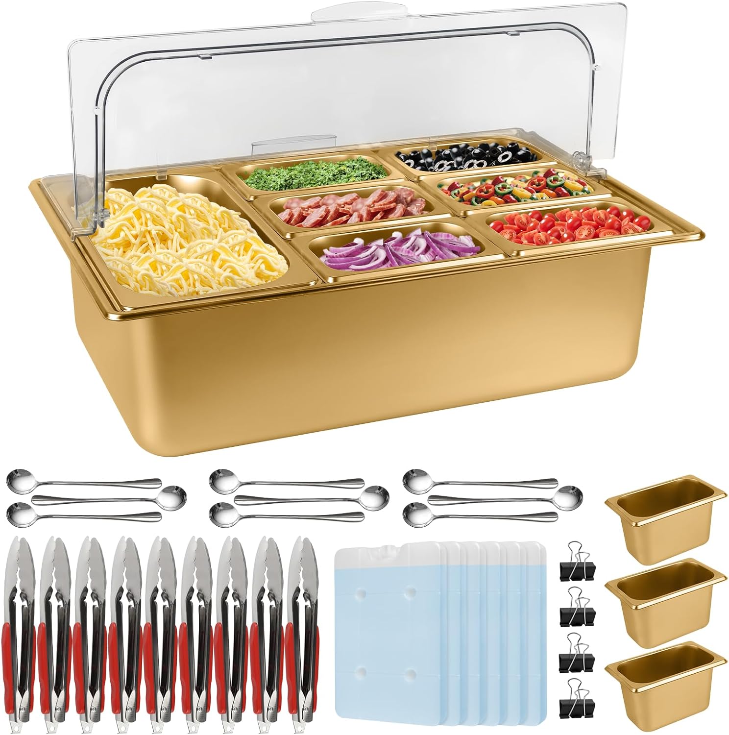 Pizza Topping Station 10 Pans Stainless Steel Salad Bar, Gold