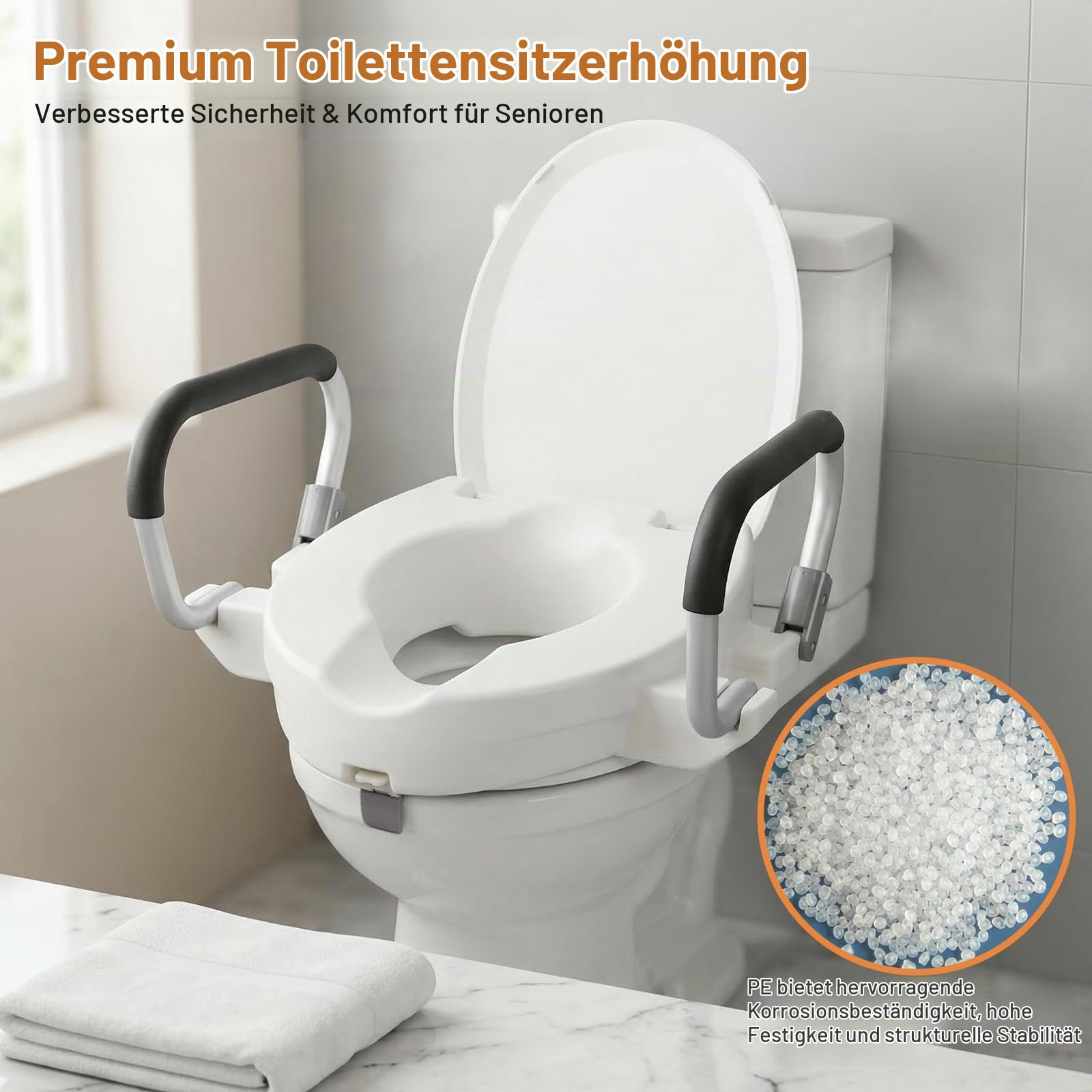Toilettensitzerhöhung für Erwachsene mit Armlehnen und Deckel, Erhöhter Toilettensitz für Erwachsene, Erhöhter Toilettensitz mit Deckel, Toillettenaufsatz für Senioren, Breite Einstellbar (10cm hoch)