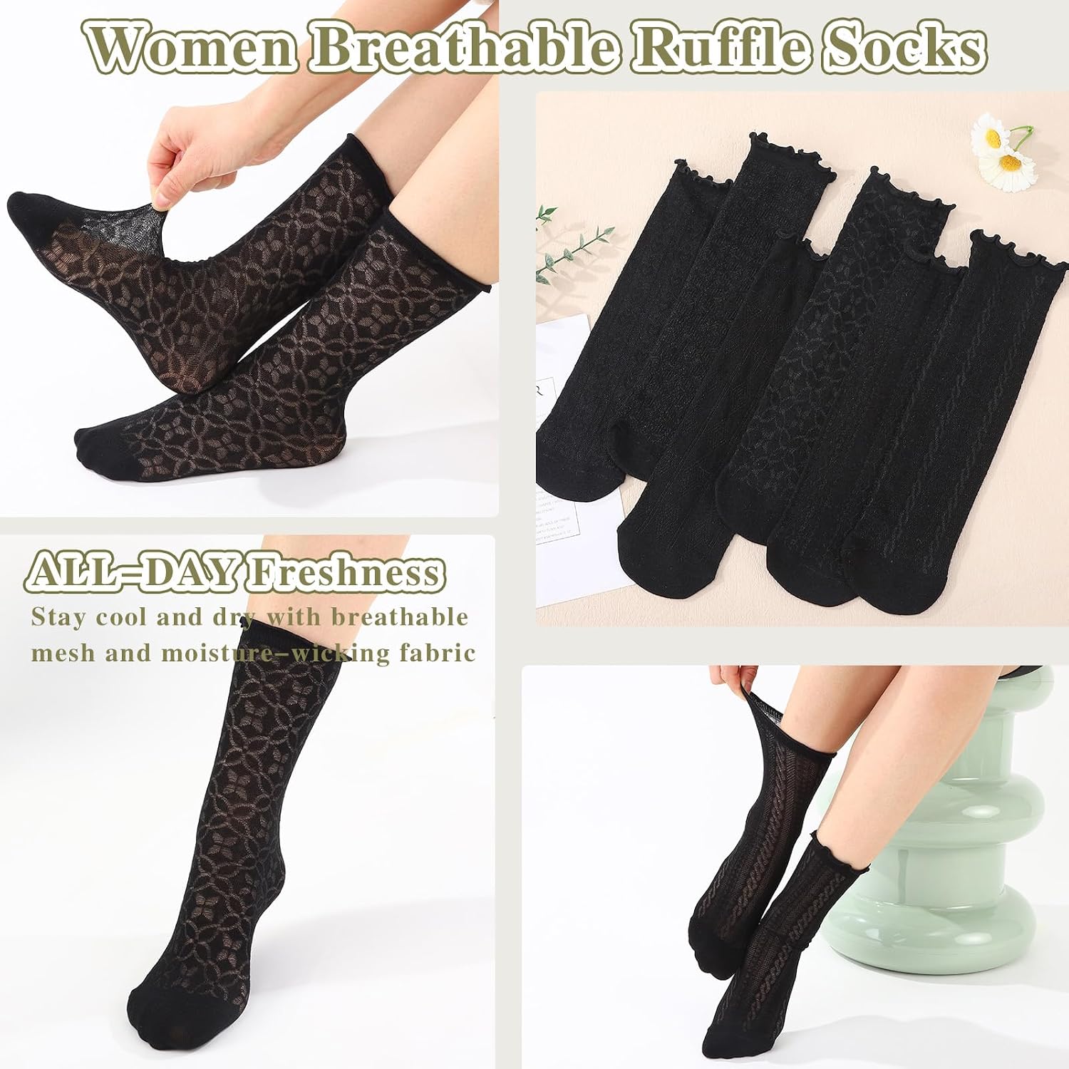 6 Pack Women's Black Ruffle Socks Ultra Thin Frilly Crew Socks Mesh Casual Lace Cute Ankle Sock Cotton Summer