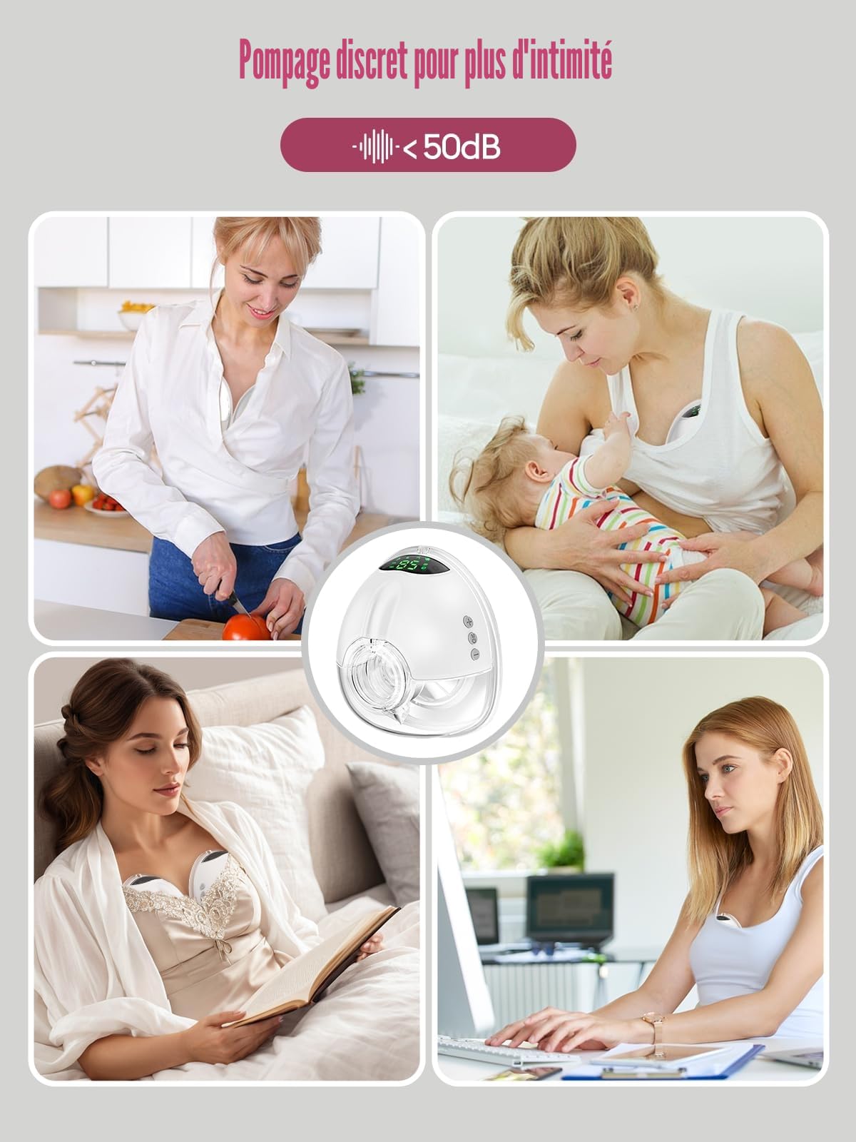 Lulia Tire Lait Electrique Main Libre LU05, 4 Modes 9 Niveaux, 350mmHg Forte Aspiration, Komfortabler & Portable, Sans BPA, avec Bride de 17/19/21/24 mm (1 Paquet-Blanc)