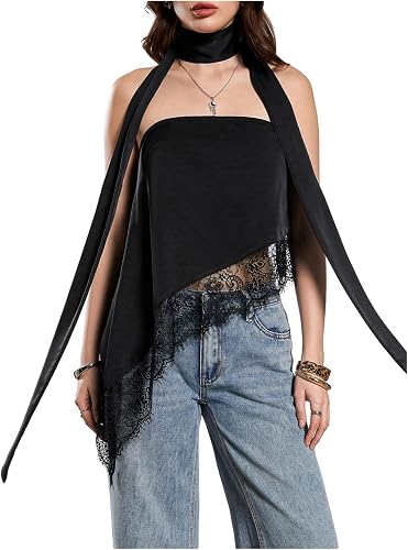 Verdusa Women's Floral Lace Dressy Tops Rave Club Asymmetrical Strapless Tube To