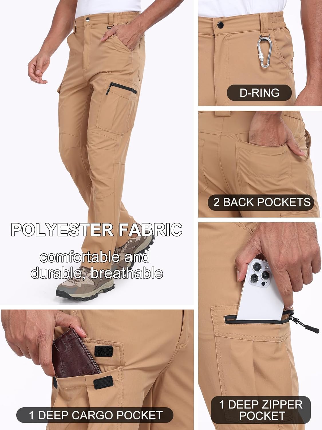 Men's Hiking Cargo Pants Water Resistant Quick Dry Lightweight Fishing Camping Cycling Travel Outdoor Pants - Image 3
