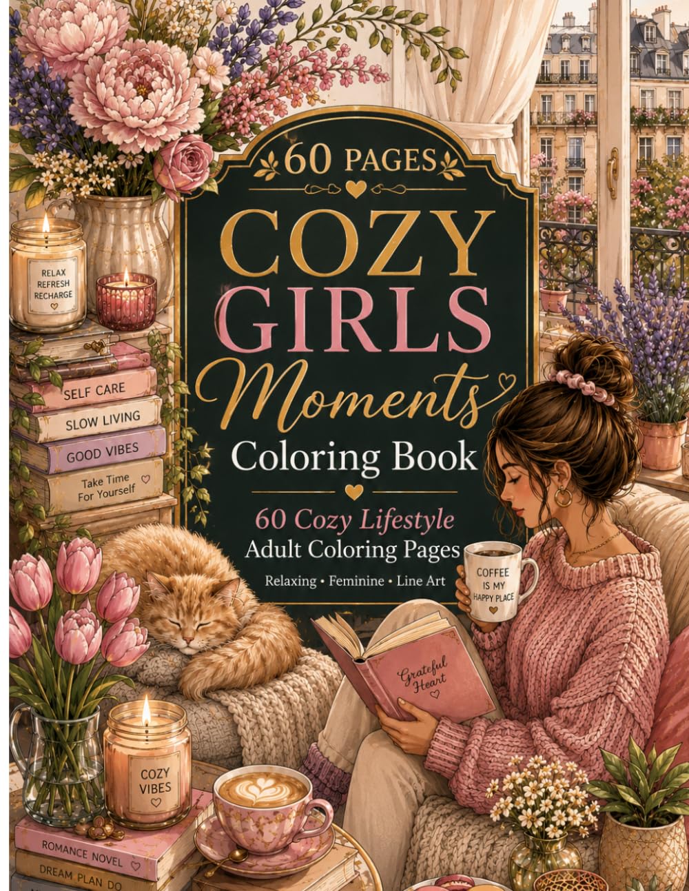 Cozy Girls Moments Coloring Book: 60 Relaxing Cozy Lifestyle Coloring Pages for Women: A relaxing coloring book filled with cozy feminine scenes, peaceful moments, cafés, travel, reading corners