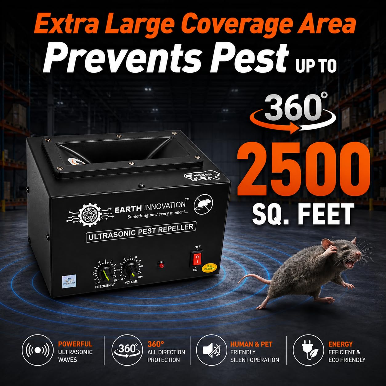 EARTH INNOVATION™ Ultrasound Rat and Rodent Pest Repeller Device for Electric Panel/Super Market/Stores/Ware House/Food Factory/Grain Store/Cold Storage/Resort/Car Parking (F2-EI07ID) 2