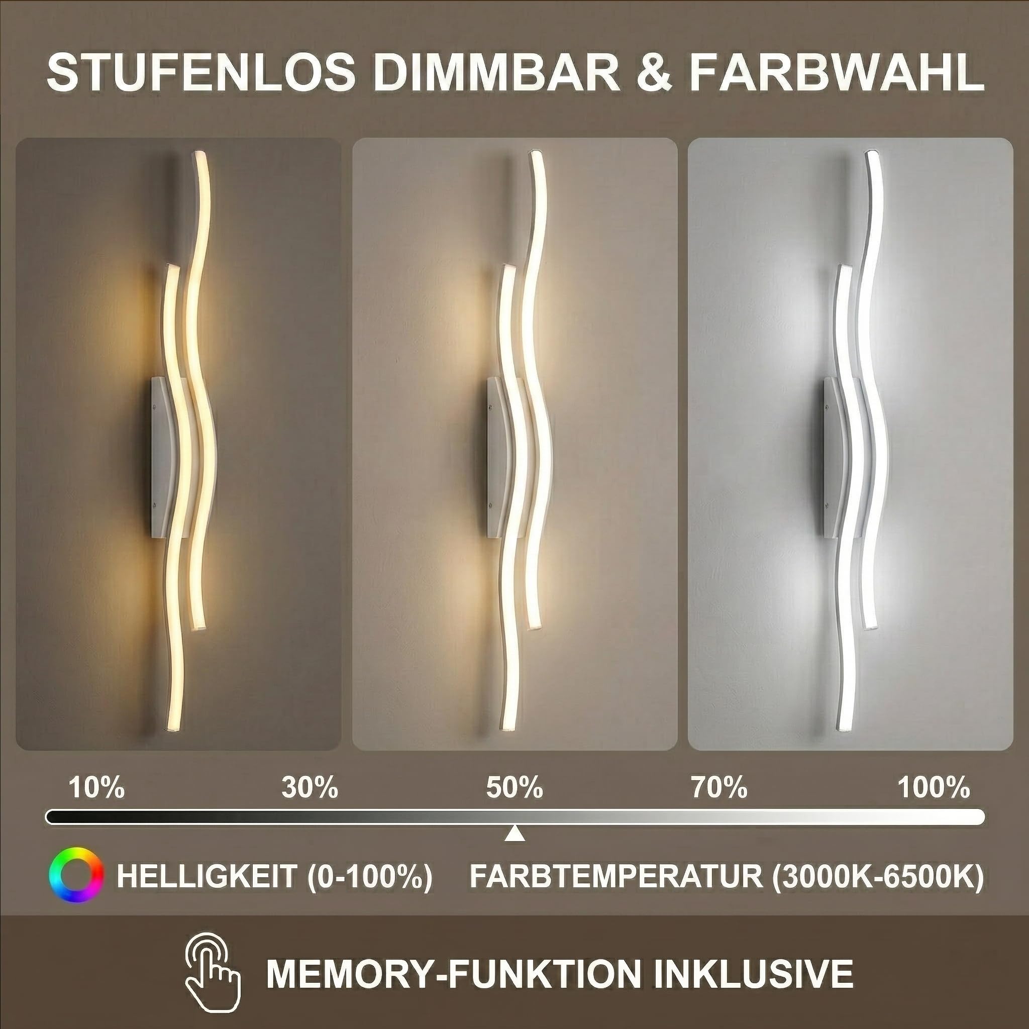 Wandleuchte Innen mit Akku 100 cm, 2er Pack Dimmbar mit Fernbedienung | Timer, kabelloses Wellen-Design Wandlampe für Wohnzimmer, Schlafzimmer, Flur und Treppenhaus(Weiß)