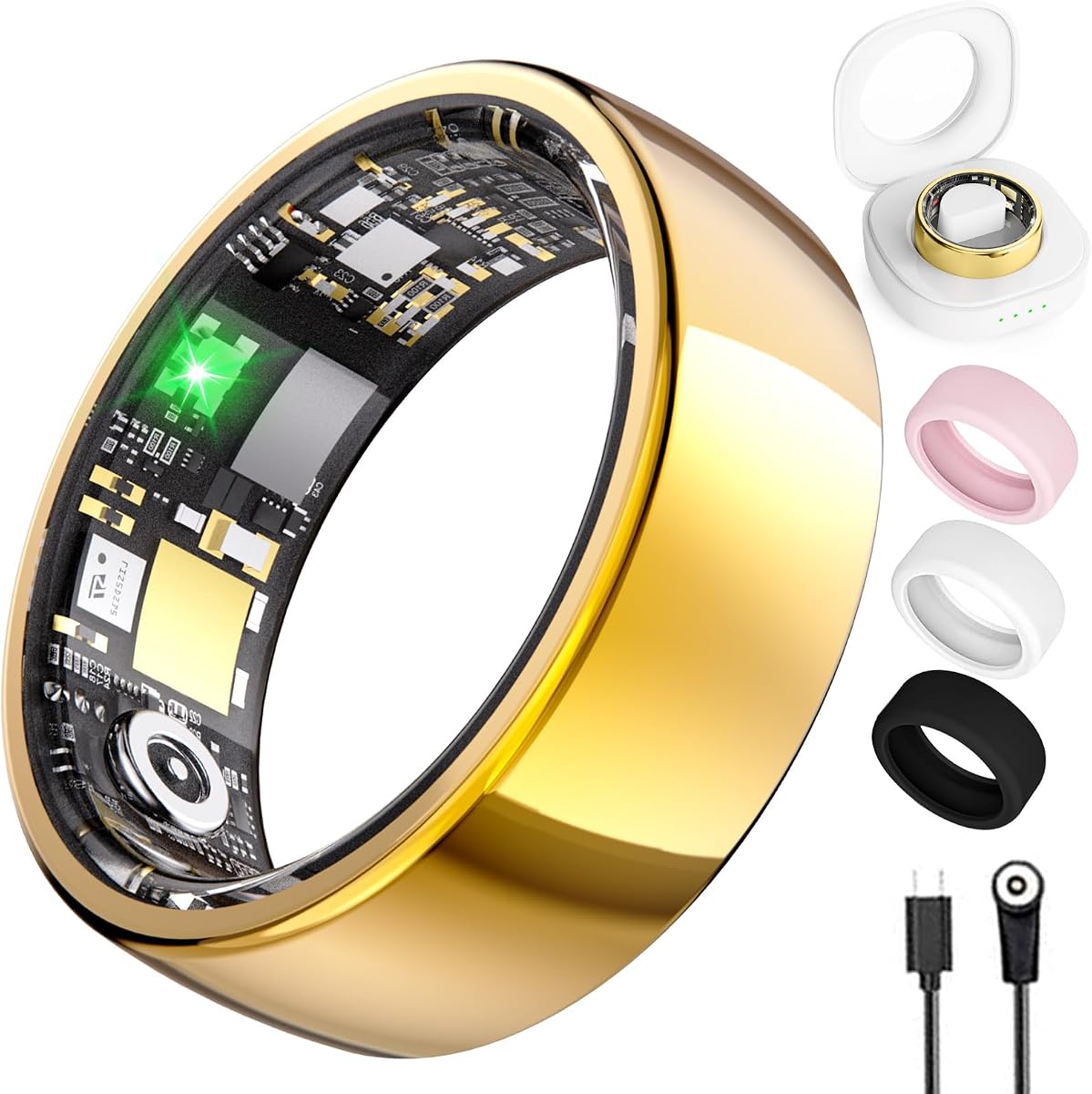 Smart Ring for Women Men, Health Tracker with Heart Rate/Blood Oxygen/Blood Pressure/Sleep Monitoring/Step Counting, IP68 Waterproof Fitness Ring, No App Fees for iPhone & Android (Gold, 7#)