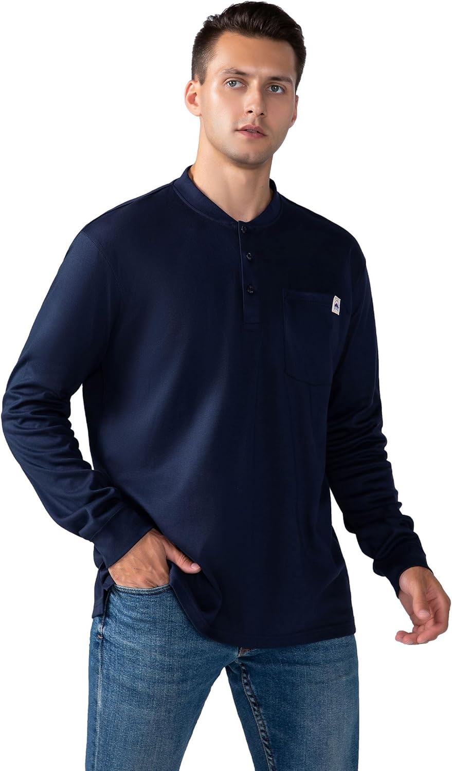 FR Henley Shirts for Men Flame Resistant Lightweight Welding 6.5oz 100% Cotton CAT2 Long Sleeve Fire Retardant FRC Clothing