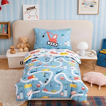 PERFEMET 4-Piece Toddler Bedding Set Boys Cars Toddler Comforter with Sheets Reversible Lightweight Blue Vehicles Toddler Bed Set for CribBlue, Cars