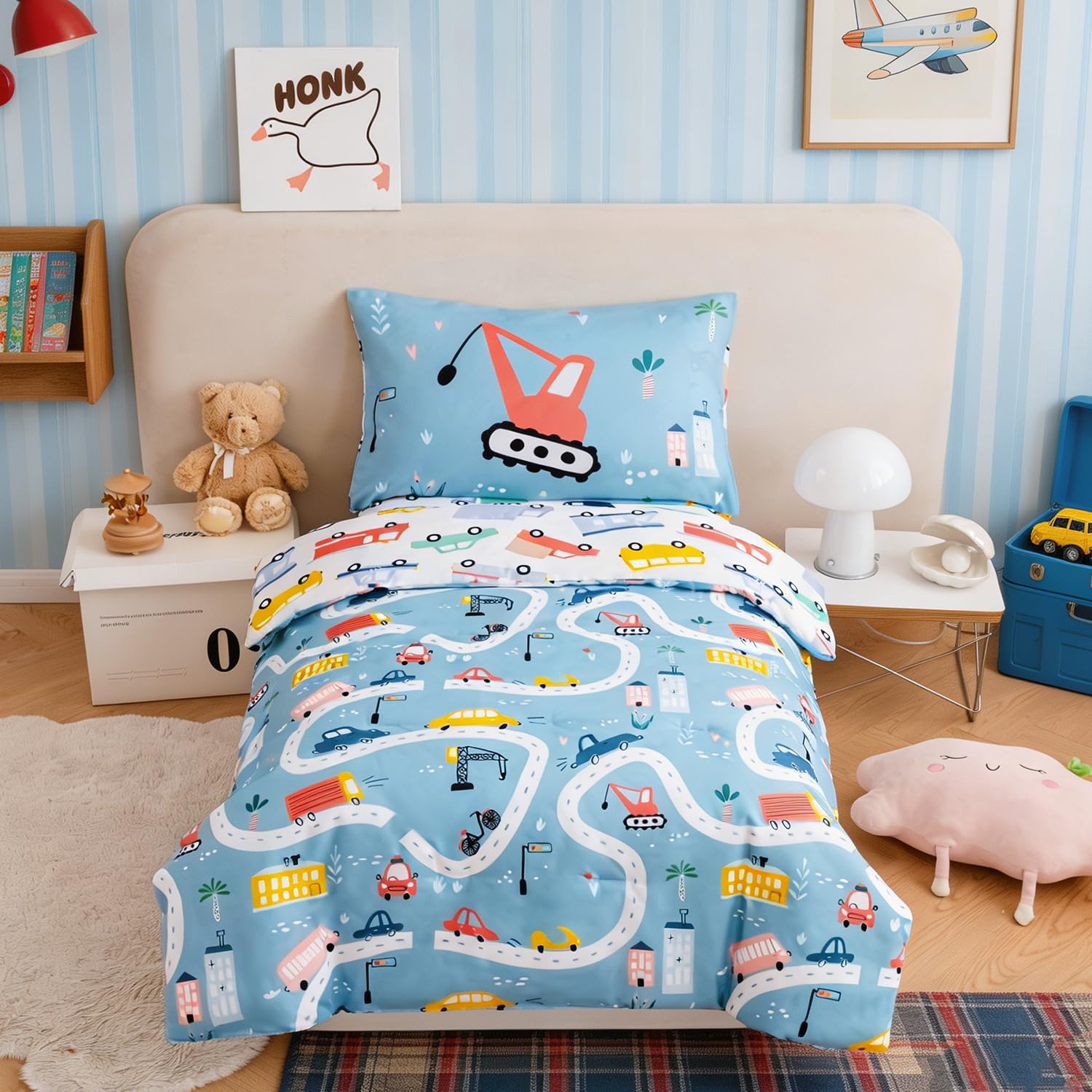 PERFEMET Cars Toddler Bedding Set Boy Toddler Comforter with Sheets 4 Piece