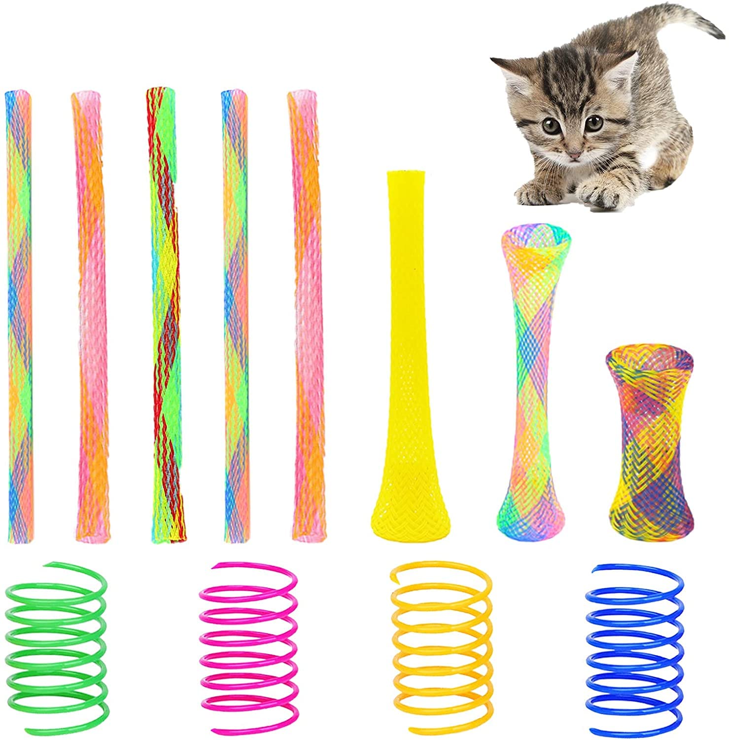 AIMICOCA 100-pack Kattvu00e5rleksaker Husdjur Breda Fu00e4rgglada Fju00e4drar Kattleksaker Plastspole Spiralfju00e4drar Fu00f6r Katt Kattunge Husdjur (slumpmu00e4ssig Fu00e4rg