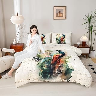Peacock Kids Comforter Set King Size,Old Newspaper Graffiti Vintage Bedding Set,Boys Girls Adults Room Decor,Wild Animals Feather Watercolor Down Comforter,Noble Fashion Duvet Insert,2 Pillowcases