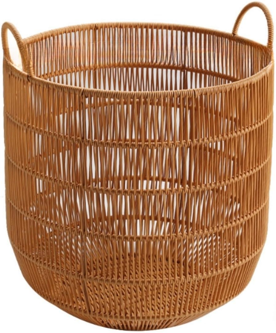 収納バスケット ファッションフルーツ ハンドル付き 日用品 人工藤製 洗える 大型 透かし編み 洗濯 衣類ボックス 小物 ソックスや