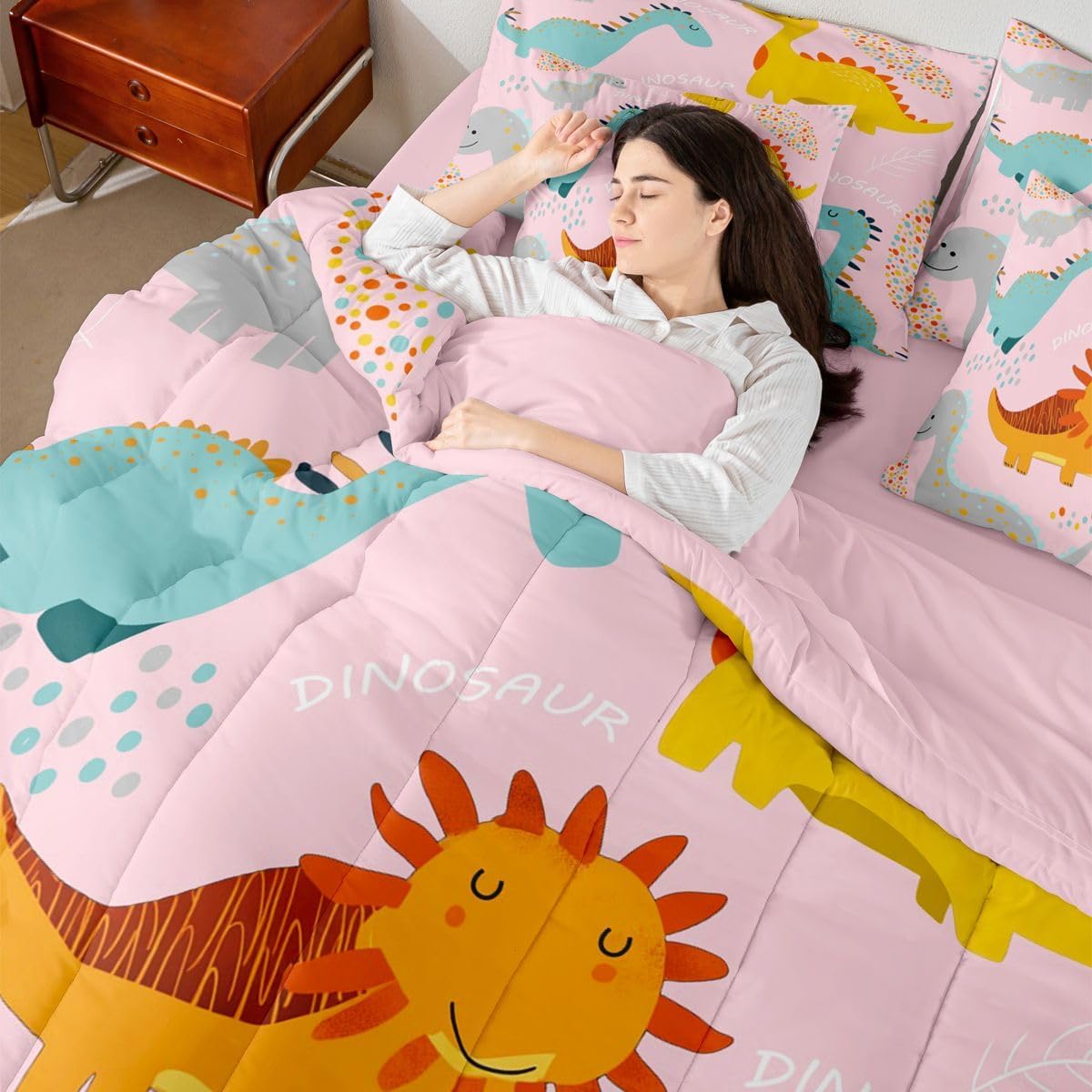 Feelyou Cute Pink Dinosaur Comforter Set with Sheets 7 Piece Twin Size Cartoon Dinosaur Bedding Set for Kids Boys Girls Jungle Animal Dino Bed in a Bag Room Decor Soft Lightweight Microfiber