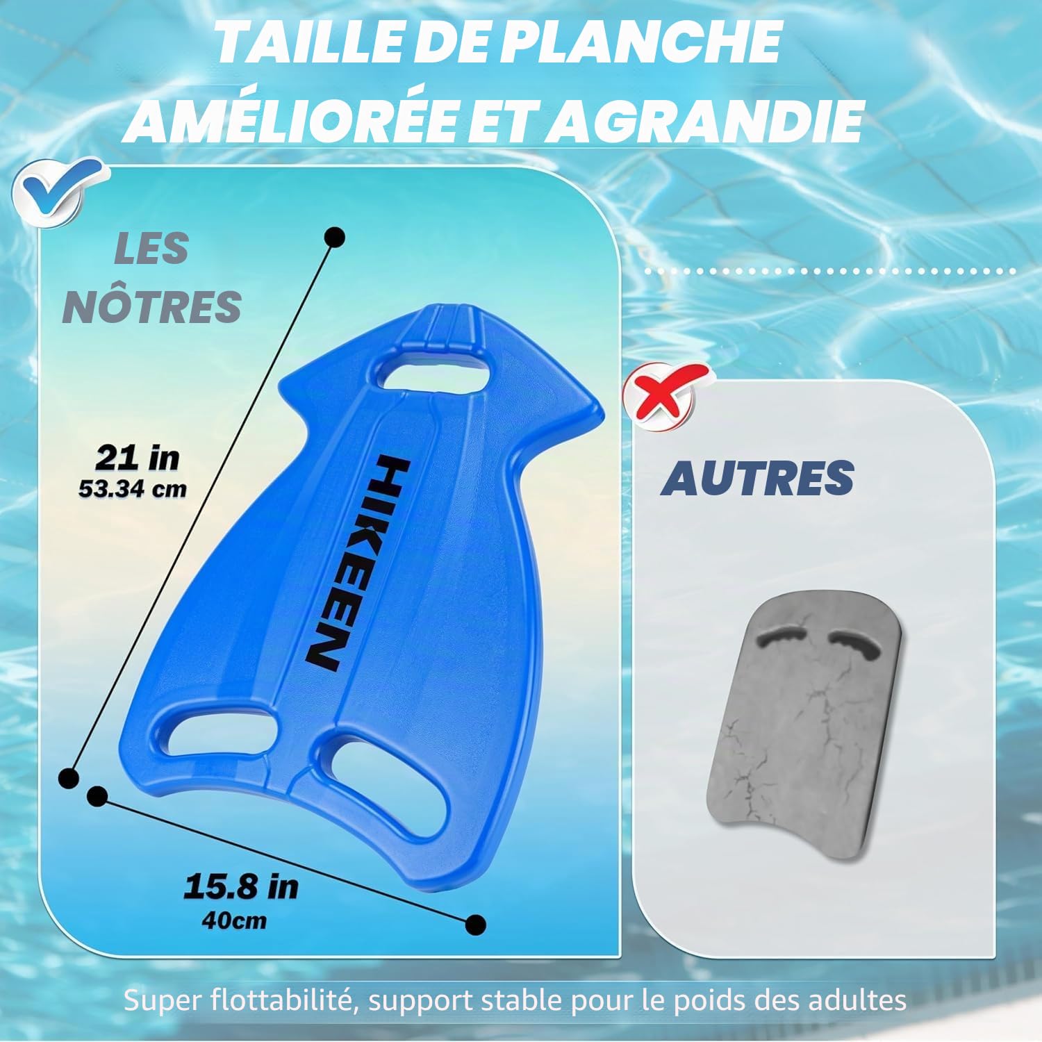 Hikeen Lot de 2 Planche de Natation Grande Taille Multi-Prises: Accessoires Piscine Planche Piscine Haute Flottabilité pour Adultes, Planche Flotteur en HDPE, Natation Accessoires à nage Eau Libre