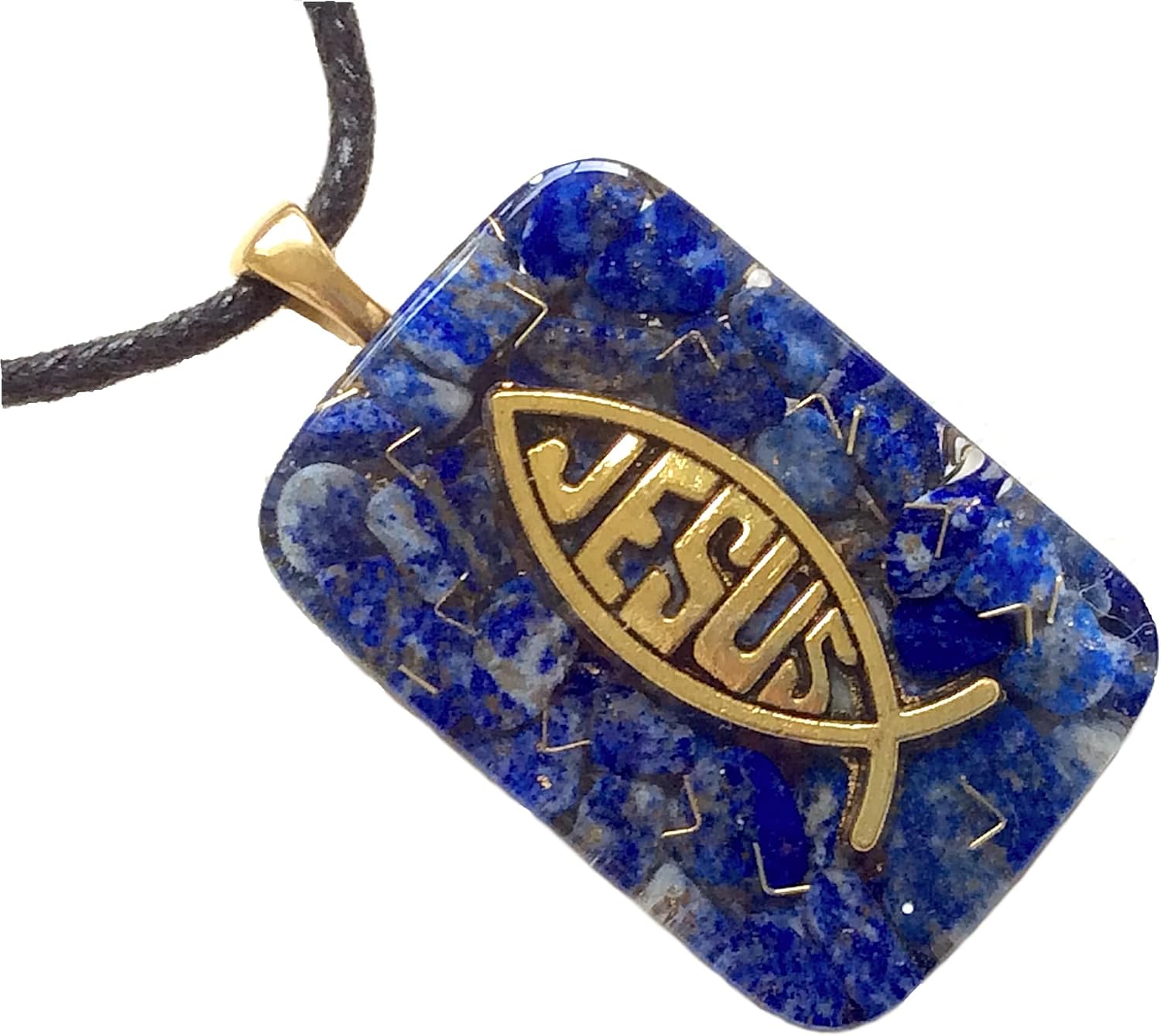Orgone energy pendant necklace with golden Jesus Christian Fish & Lapis Lazuli natural stones. Made in USA
