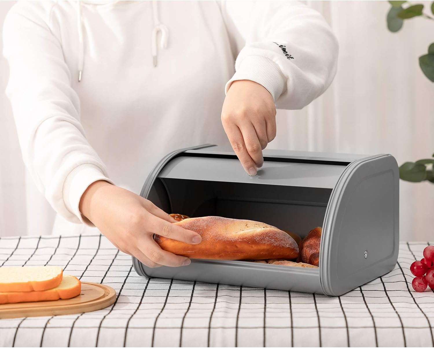 HollyHOME Bread Box Bin for Kitchen Counter, Farmhouse Extra Metal Bagel Container with Stainless Steel Roll Up Lid for Easy Storage Bread Holder Buddy Gray 12.01" x 10.24" x 6.89"