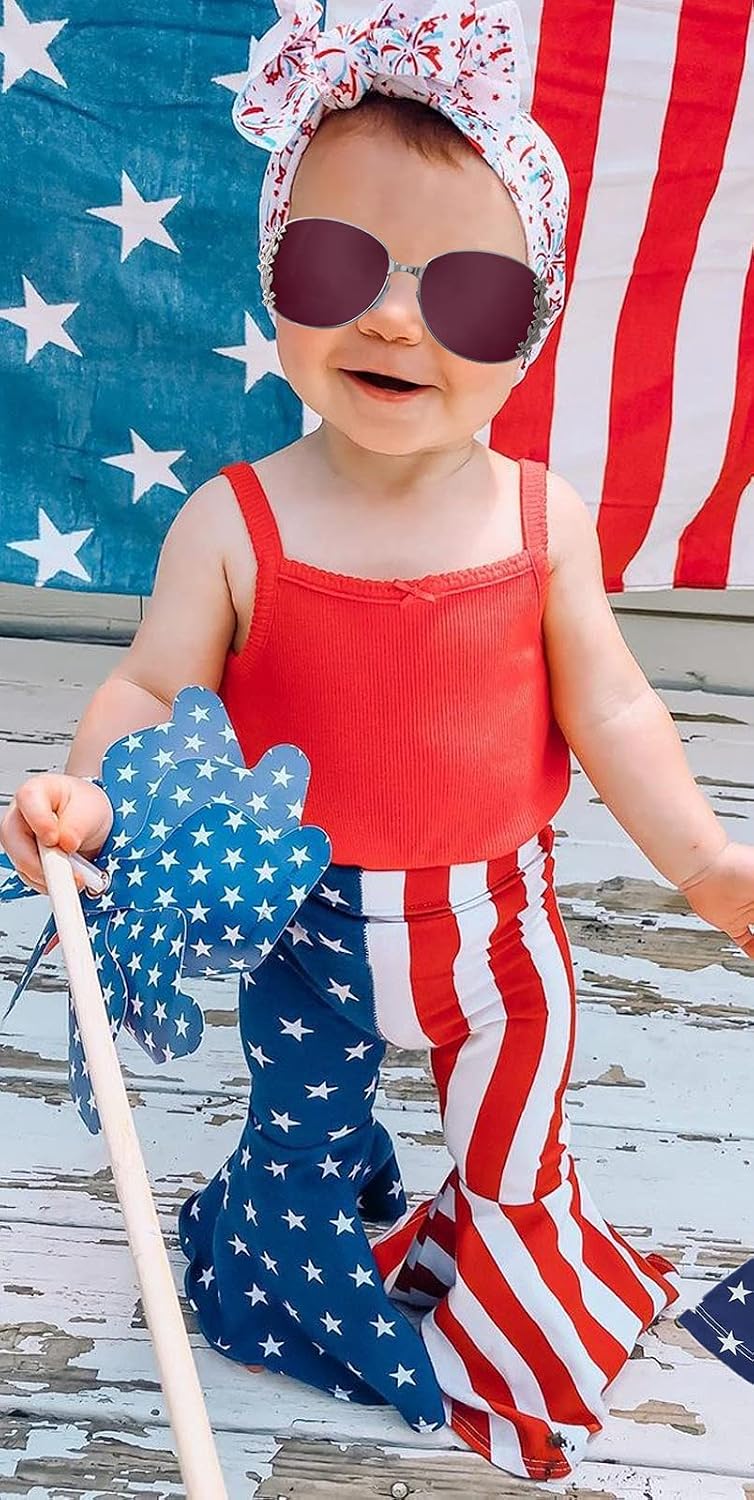 Toddler Baby Girl 4th of July Outfit Sleeveless Halter Vest Top Striped Star American Flag Bell Bottoms Pants Set