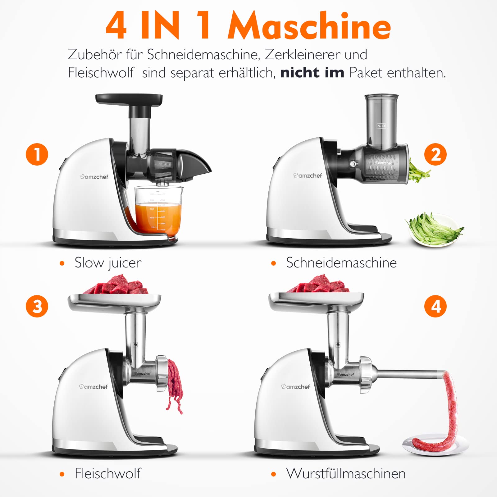 Amzchef Entsafter Gemüse und Obst Testsieger - Entsafter Slow Juicer mit Rückwärts-Kau-Funktion - Zartes Zerkleinern ohne Filtern - Saftpresse Elektrisch mit Bürste und 2 Tassen - Rein-weiß – Bild 6