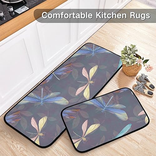Miniatura 5 de Juego de 2 tapetes de cocina con diseño de hojas y libélula antifatiga, impermeables, antideslizantes, cómodas, acolchadas, para el suelo