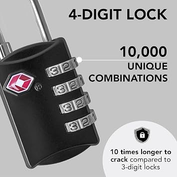 Luggage Locks TSA Approved (1 Pack), 4-Digit TSA Locks for Luggage, Locker, Suitcase, Backpack, School Bag, Travel Bag - Portable, Rust-Resistant, Secure Combination Lock, Black