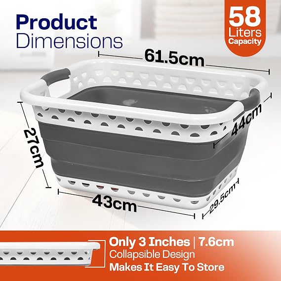 Klass Home Collection 58L Large Collapsible Laundry Baskets Plastic, Pop Up Foldable Washing Basket, Laundry Hamper For Sorting & Drying, Space Saving Folding Wash Bucket Tub (2-Handle, Grey)