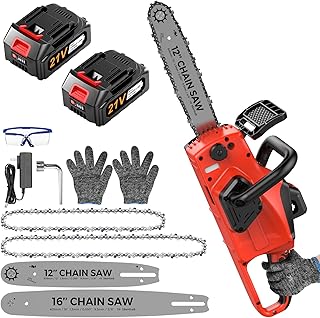 Battery Powered Chainsaw,12" & 16" Dual Guide Plate.21V Electric Cordless Chainsaw with 2 Batteries and Charger.Brushless Chain Saw Kit with Safety Goggles and Gloves for Tree Pruning and Wood Cutting