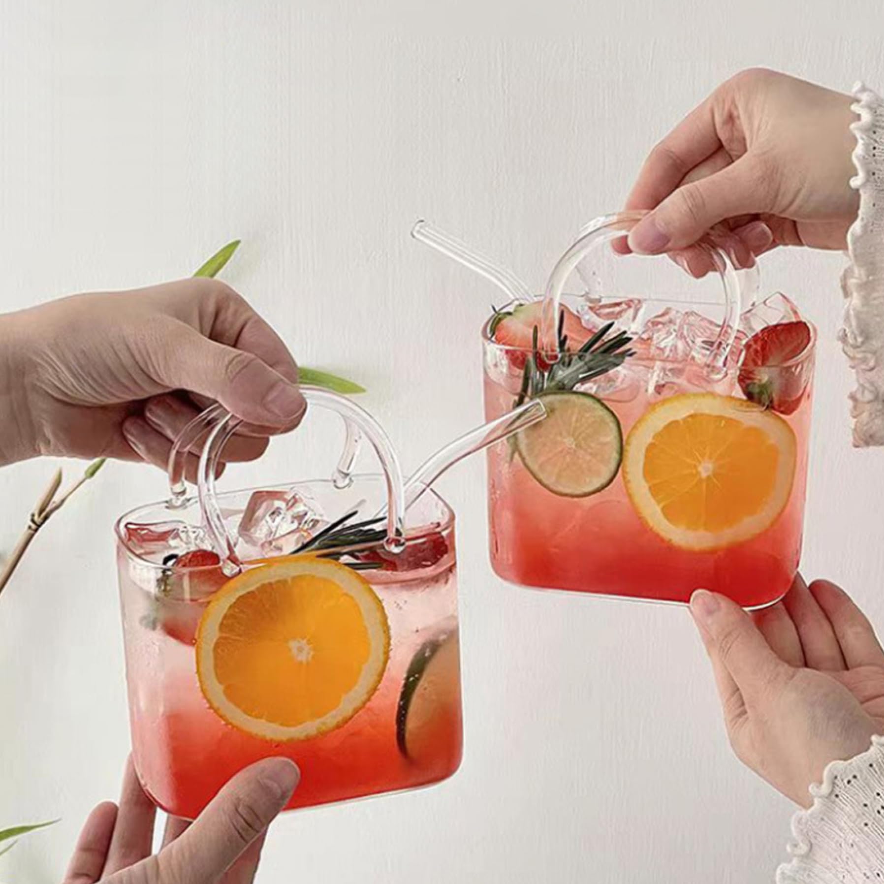 Bolso de Cristal para Bebidas 4 Vasos únicos con pajitas Bonito Bolso de cóctel con diseño de Vasos para zumos cócteles sin Alcohol y Fiestas.