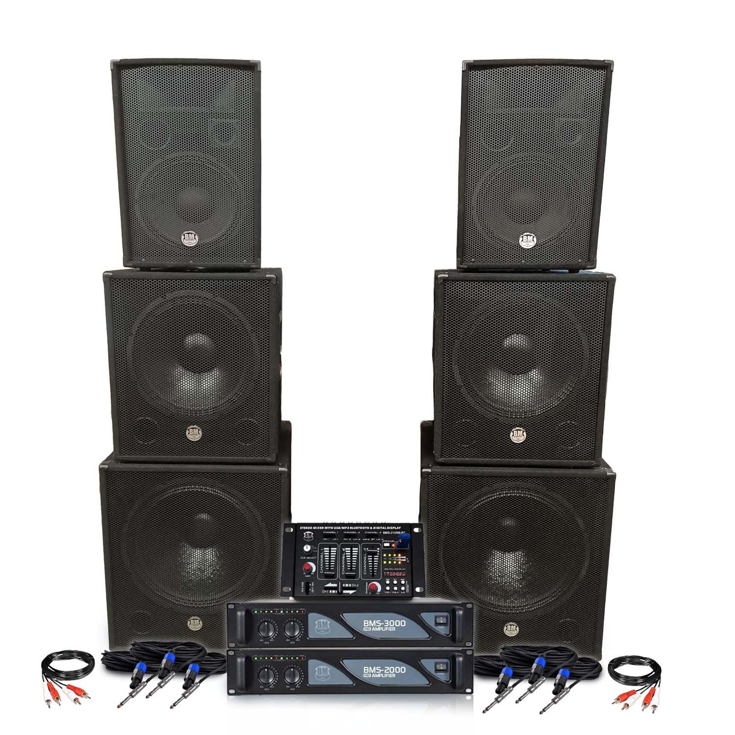 Pack Sono Double Tours de Son amplifiées 5000W bi Amplification Table de mixage Multi Piste Bluetooth câblages fourni