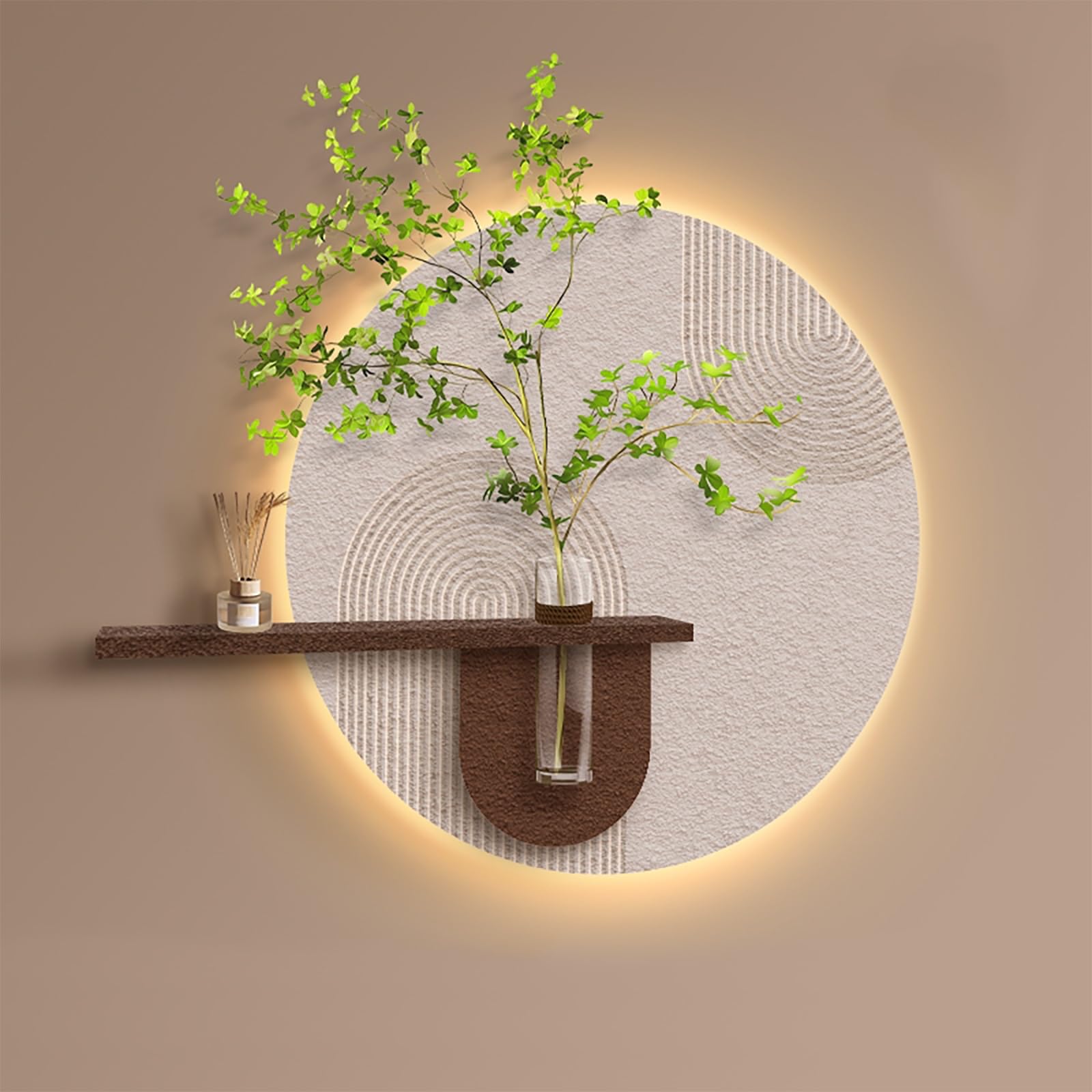 Zcqmscww A Circular 3D Led Sandstone Wall Rt With Glass Hydroponic Vase, Handcrafted Minimalist For Entryway, Bedroom, Or Office, Living Room Decor(,70 * 70Cm/27.5 * 27.5In)