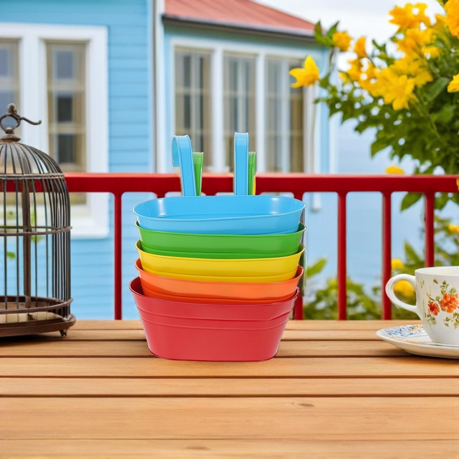 5pcs Iron Wall-Mounted Flower Pots Set – Oval Metal Hanging Planter Buckets for Balcony Railing Fence – Indoor Outdoor Garden Wall Hanging Buckets for Succulents and Plants