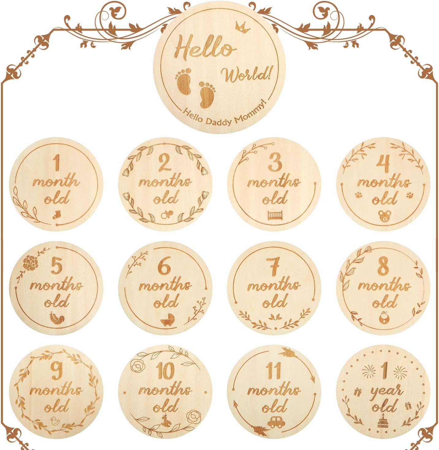 Tarjeta Mensual de Madera de Bebés, Juego de 13 Regla de Hito para Recién Nacidos con 26 Diseños Tarjeta Mensual de Hito Conmemoración de Fotos de Crecimiento del Primer Año, Doble Cara