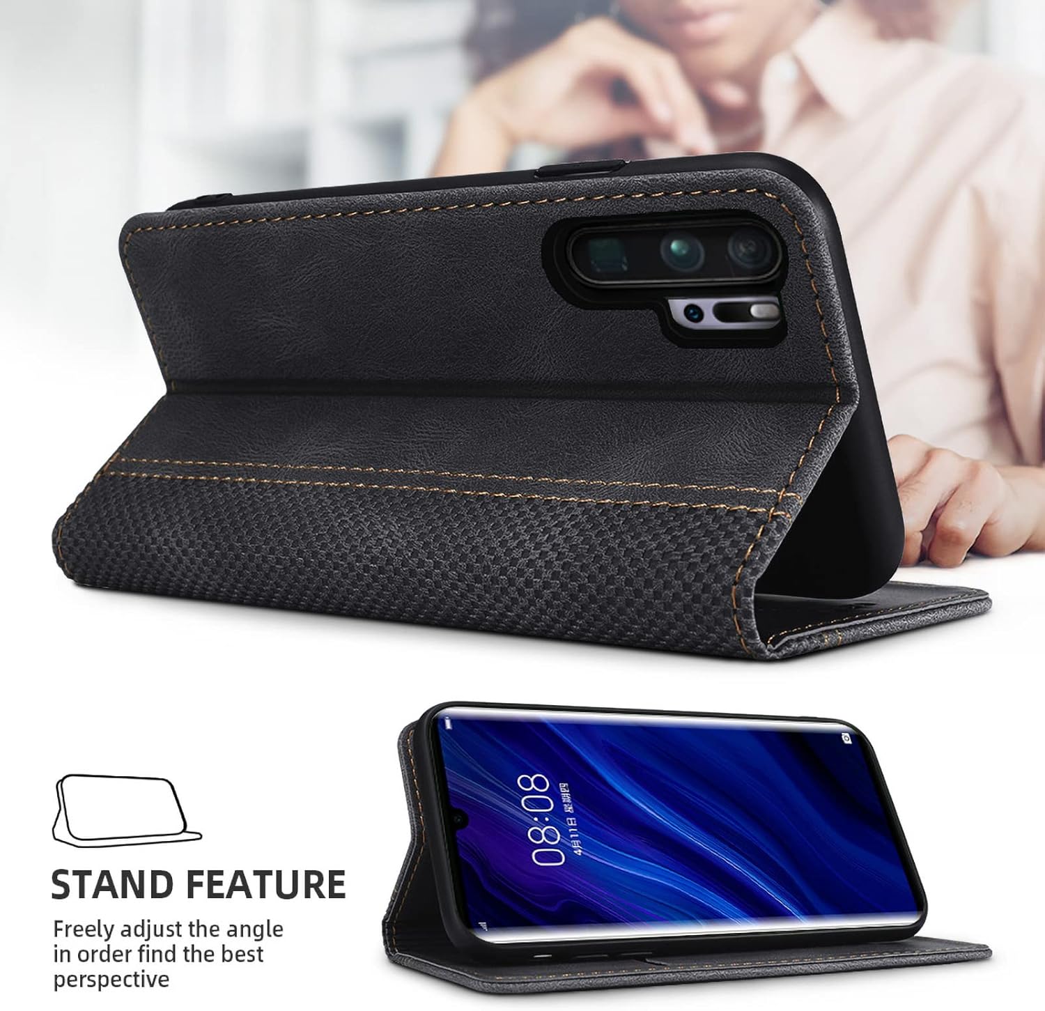 AKABEILA for Huawei P30 Pro Case Luxury PU Leather Flip Case for Huawei P30 Plus Folio Wallet Case Women Men Cover with Card Holder Magnetic Closure Kickstand Shockproof 6.47" Black