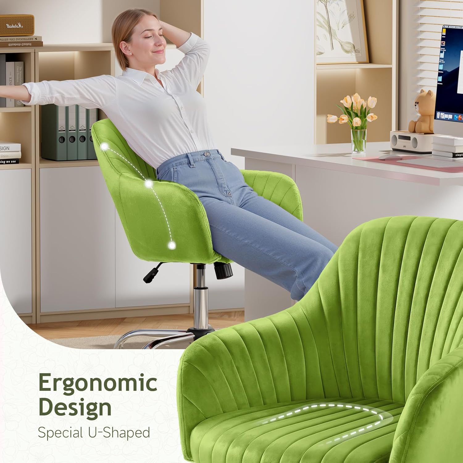Warmiehomy Velvet Desk Chair for Home Office, Modern Swivel Task Chair, Women Vanity Chairs with Arm Rest for Bedroom Dressing Room, Velvet Moss Green