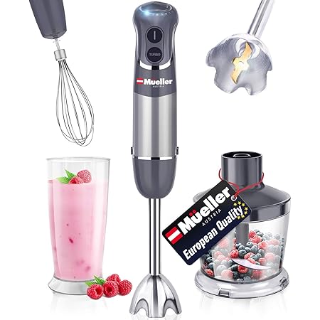 Mueller Austria Hand Blender, Smart Stick 800W, 12 Speed and Turbo Mode, 3-in-1, Titanium Steel Blades, Comfygrip Handle, with Whisk, Chopper/Grinder Bowl and Beaker/Measuring Cup