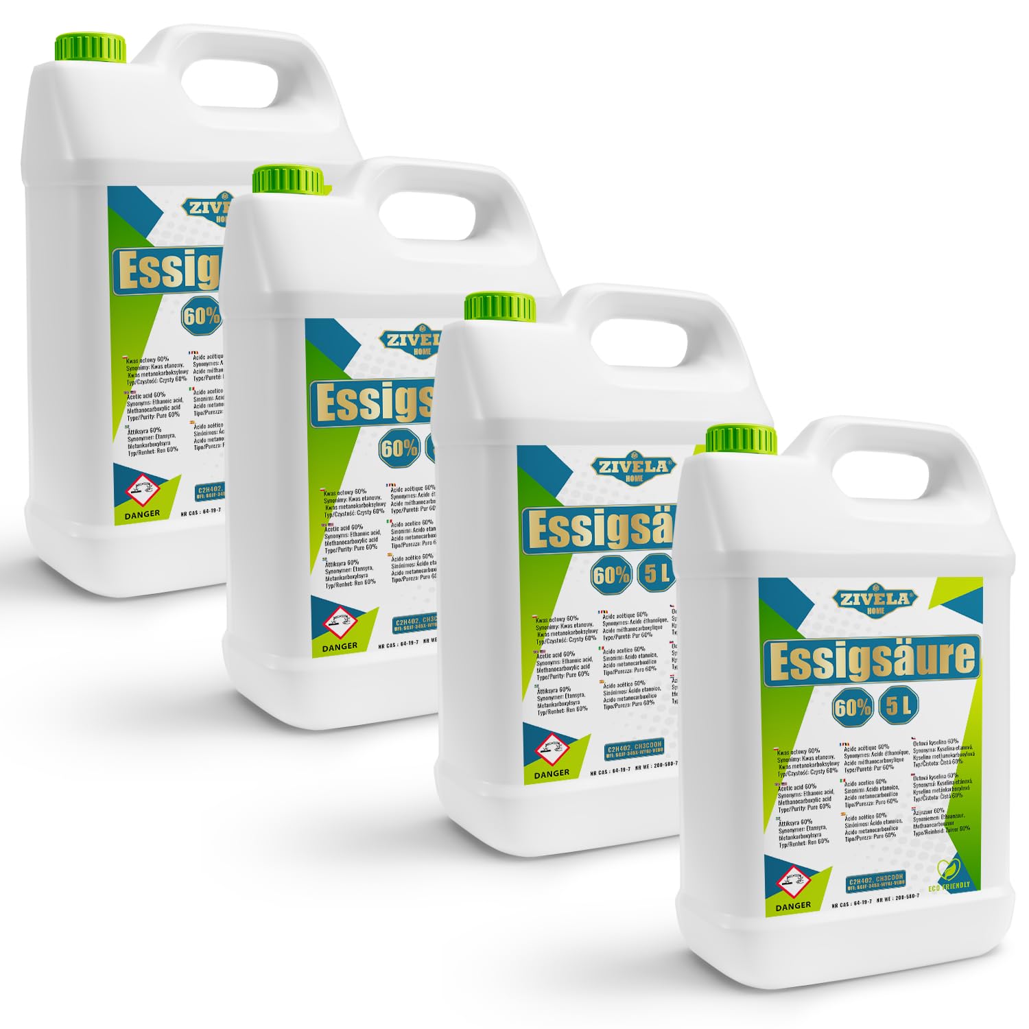 Acido acetico da 20 l, 60% di alta qualità, essenza di aceto, 4 x 5 l, 60%, qualità alimentare, 20 kg, aceto di alta purezza per applicazioni versatili, perfetto per uso domestico, industriale,
