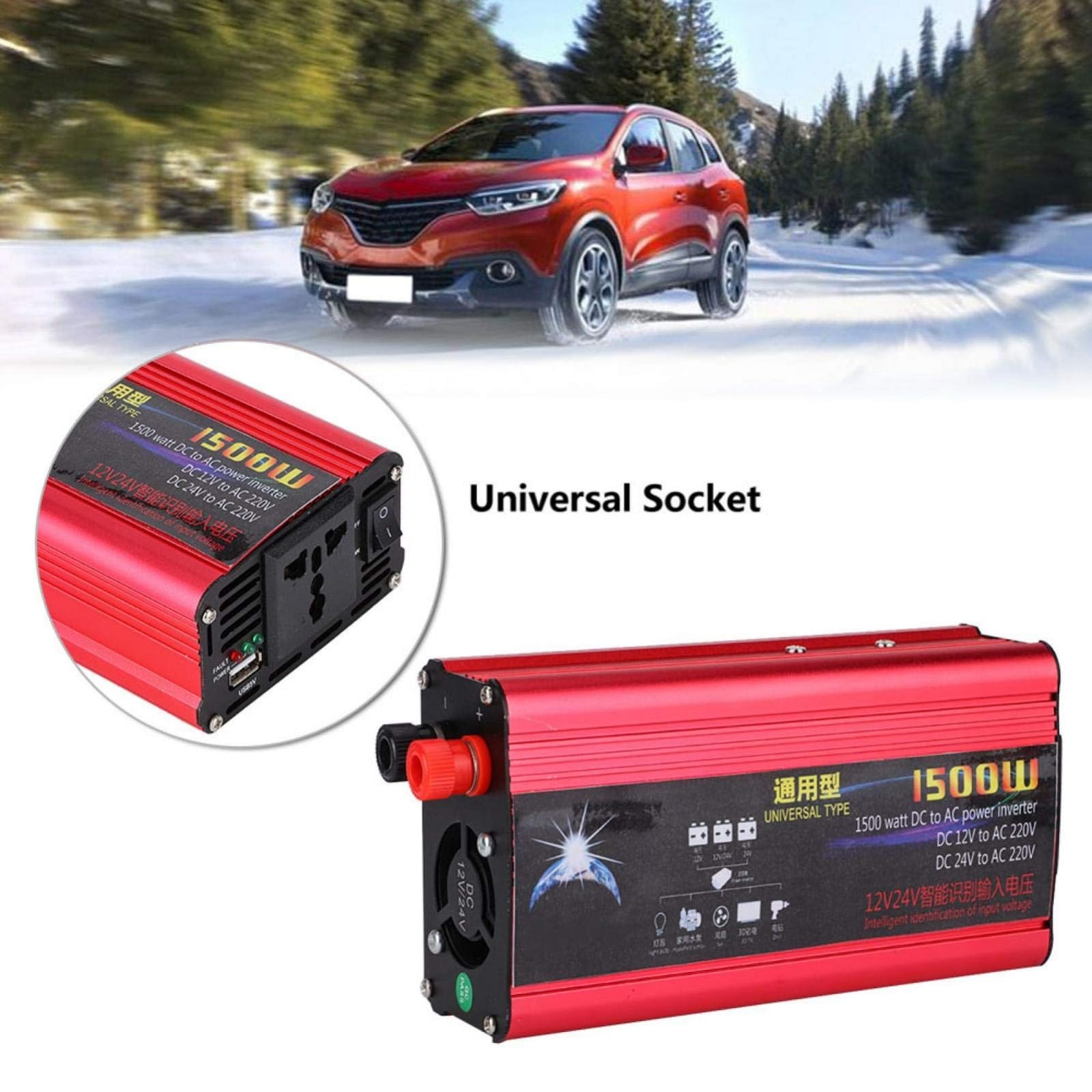 Falownik samochodowy 1500 W z podwójnym adapterem USB do samochodu, przetwornica DC 12 V/24 V do AC 220 V, ładowarka samochodowa, inwerter, konwerter