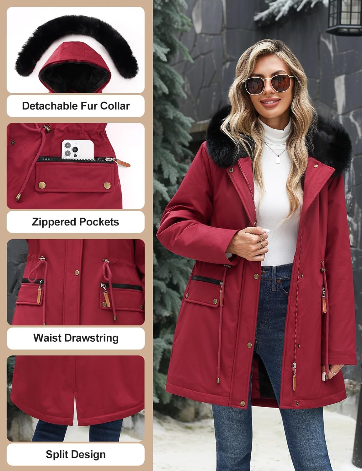 Women's Winter Warm Parka Jacket Fleece Lined Drawstring Thicken Coat Windproof Hooded Sherpa Outerwear - Image 4