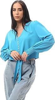 ريفين قميص عصري سادة باكمام طويلة وازرار للنساء بلون ازرق