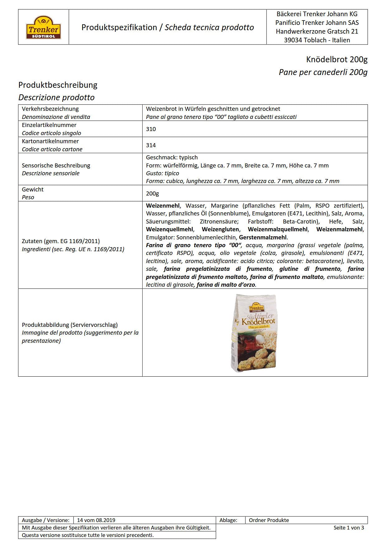 Pane per Canederli Trenker 20 x 200 gr. cartone Alto Adige