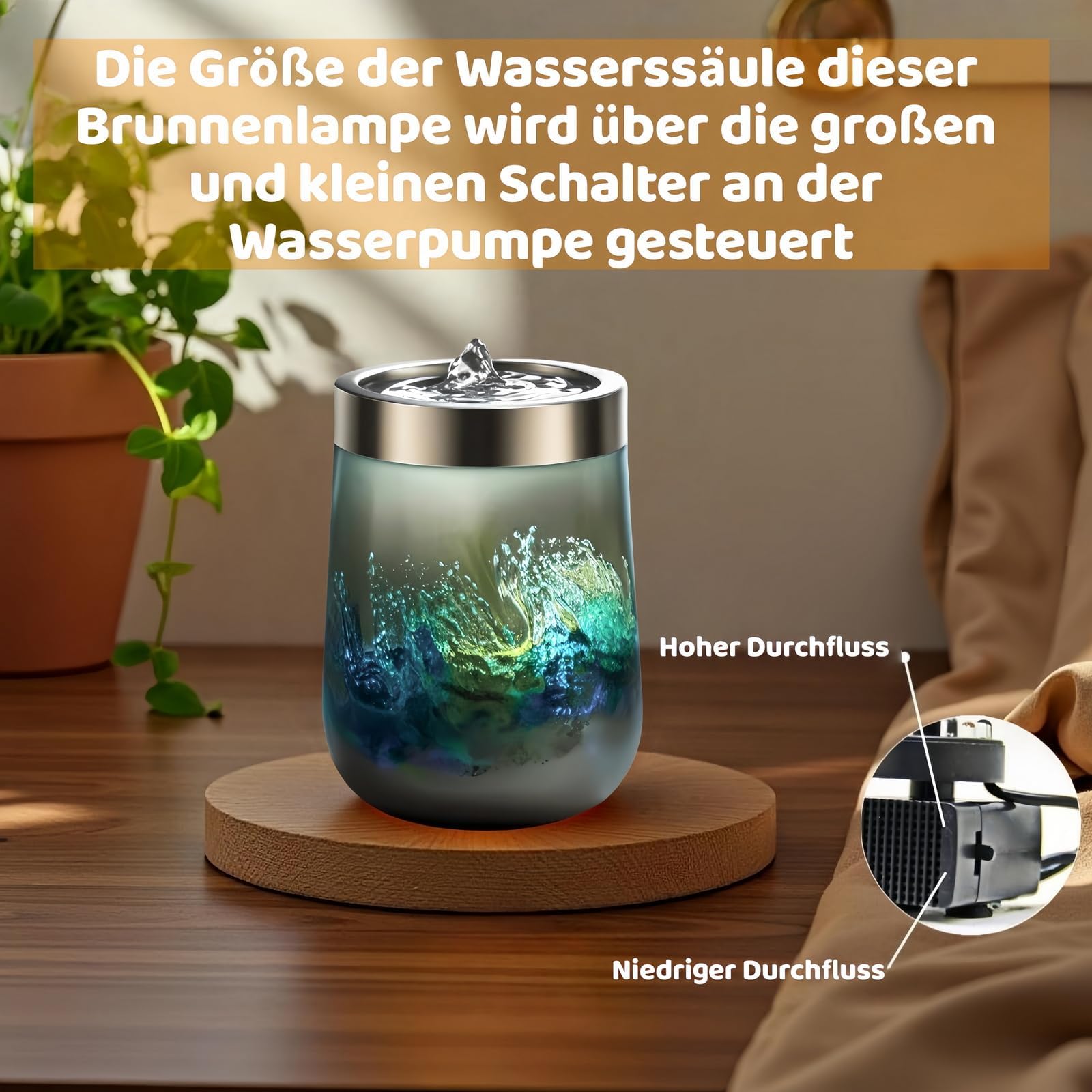 VOREEN Zimmerbrunnen Grau aus Mundgeblasenem Glas – Tischbrunnen mit LED-Licht – Ruhiger Glas-Deko-Brunnen für Wohnzimmer Schlafzimmer Büro H 15cm