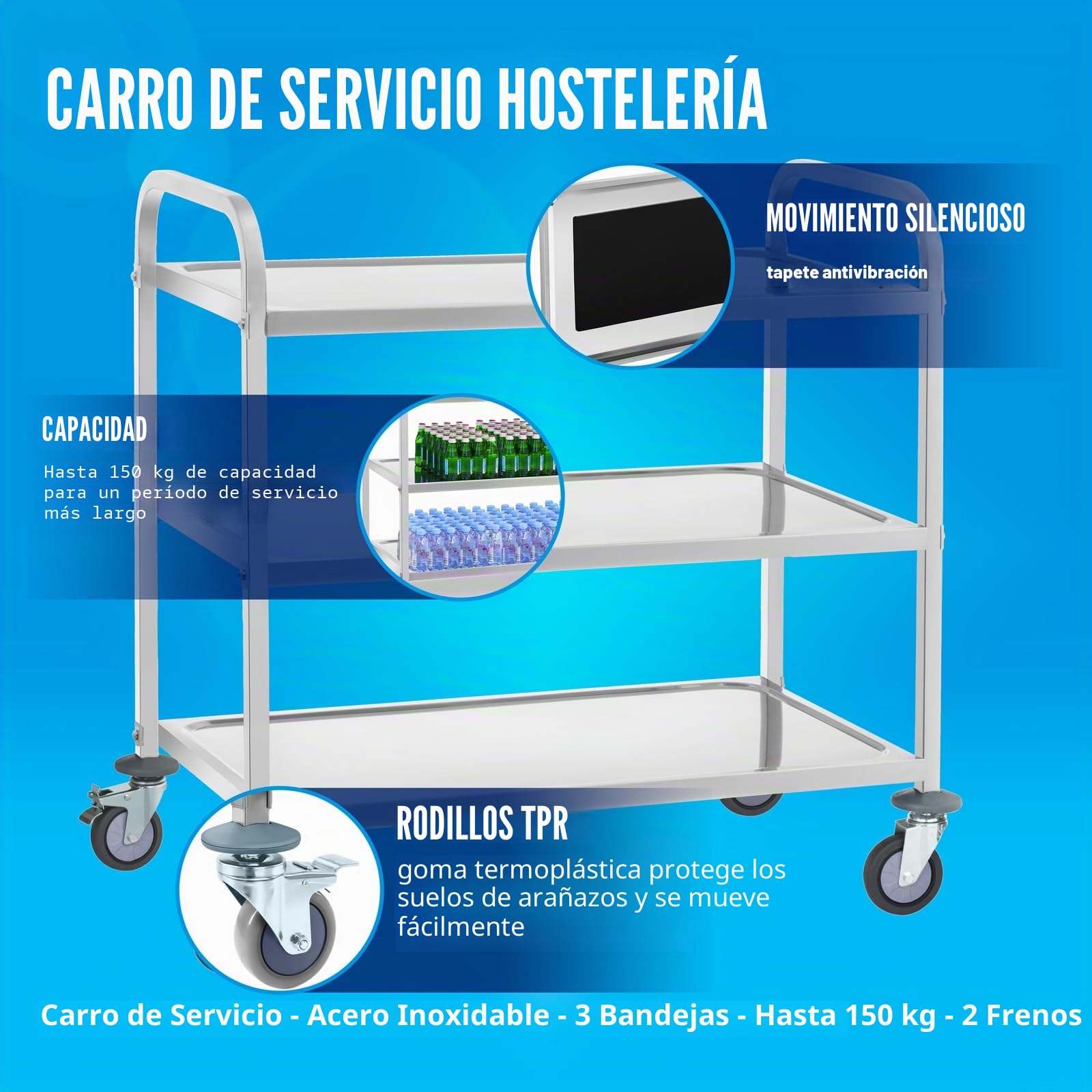 Royal Catering RCSW-6.2 Carro Cocina Carrito de Servicio con Ruedas (3 Estantes, Distancia Entre estantes 28,5 cm, Capacidad 500 kg, Acero Inoxidable)