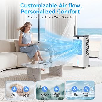Portable Air Conditioners,3-in-1 Evaporative Cooling Fans that Blow Cold Air, 4 Modes 3 Speeds, 120Oscillation, LED Display, 12H Timer, Windowless Portable AC w/ 8L Tank & Remote for Home Bedroom