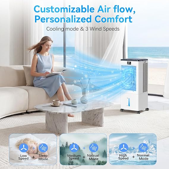 Portable Air Conditioners,3-in-1 Evaporative Cooling Fans that Blow Cold Air, 4 Modes 3 Speeds, 120Oscillation, LED Display, 12H Timer, Windowless Portable AC w/ 8L Tank & Remote for Home Bedroom