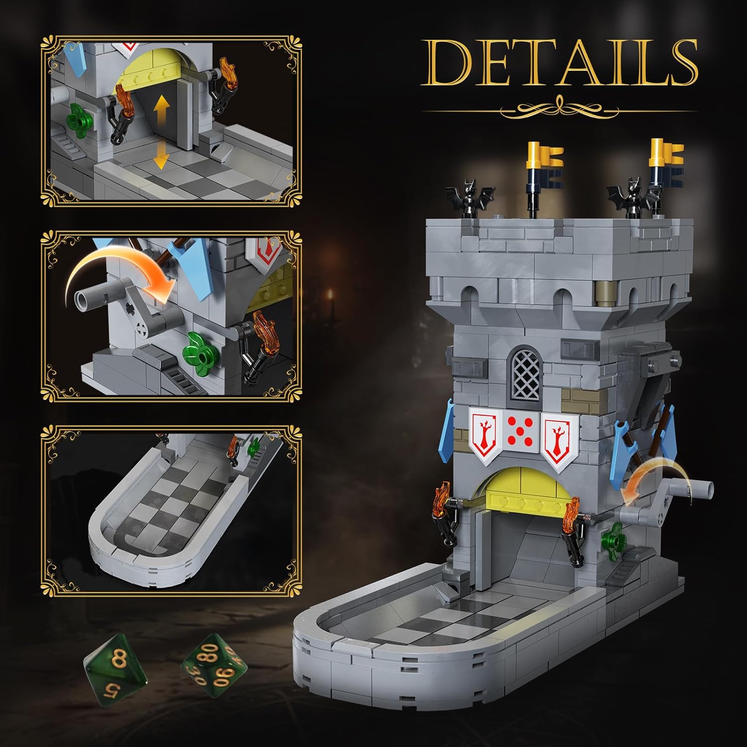 Dice Tower Castle Building Set, Creative Tabletop Games Toy with 7-Die Polyhedral Dice for DND Pathfinder, Suitable for Gamers and Enthusiasts