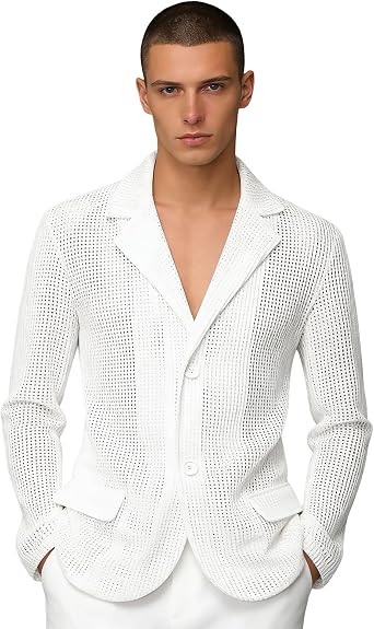 Fashion Mens Mesh Fishnet Sexy Hollow Blazer Shoulder Pad Casual Male Lapel Suit Jacket Coats for Prom
