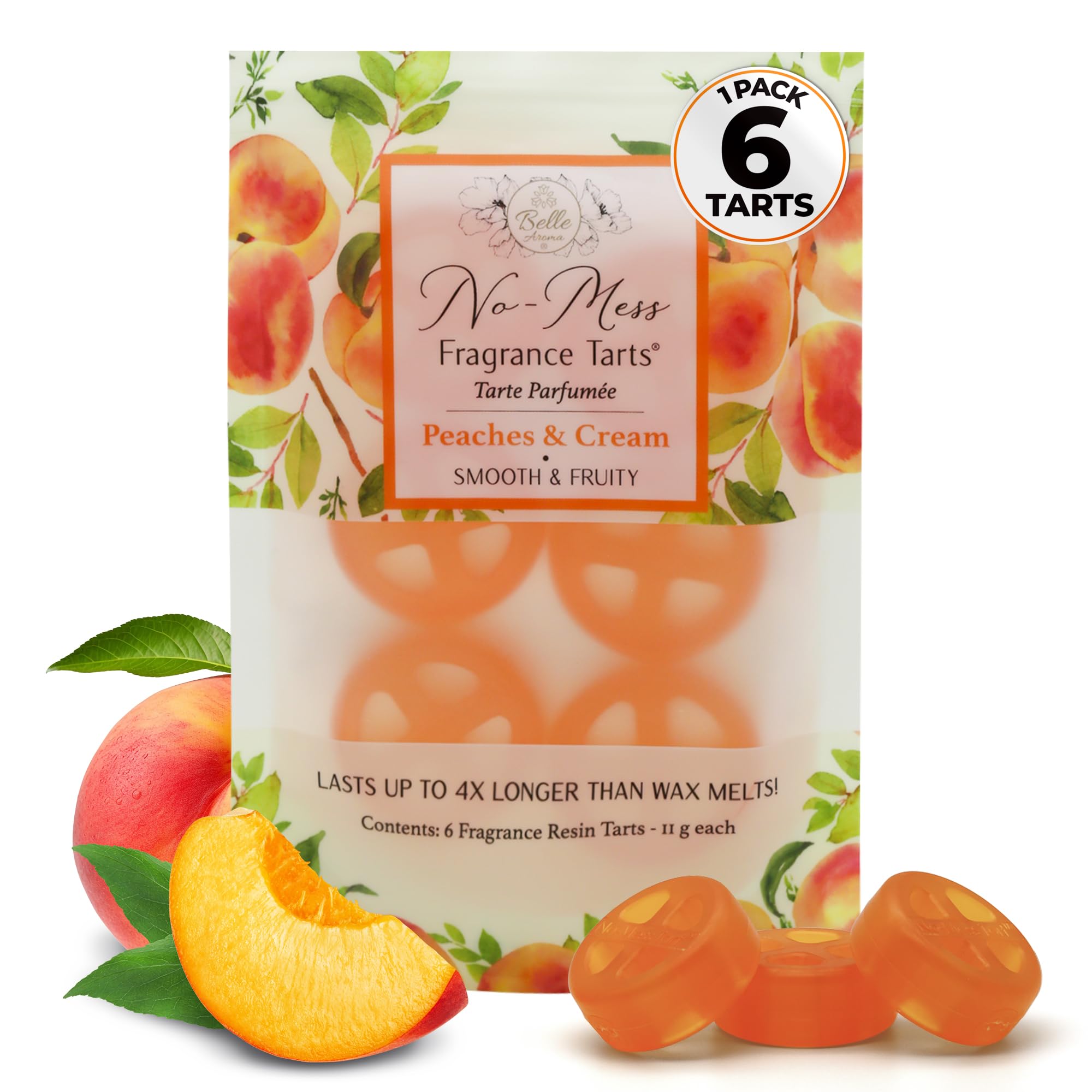 Belle Aroma No-Mess Fragrance Tarts for Wax Warmers – Solid Fragrance Alternative to Wax Melts (Designed Not to Melt), Heat-Activated Home Scent, Long-Lasting Aroma, 6 Mini 1 Pack Peaches and Cream