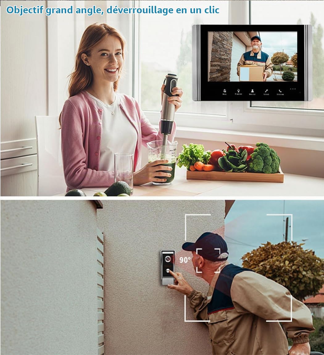 Interphone Vidéo Filaire, Visiophone Connecté 4 Fils avec Écran LCD TFT 7" Caméra de Vision Nocturne étanche Déverrouillage Surveillance Portier Vidéo Audio Bidirectionnel (1 Camera 1 Monitor)
