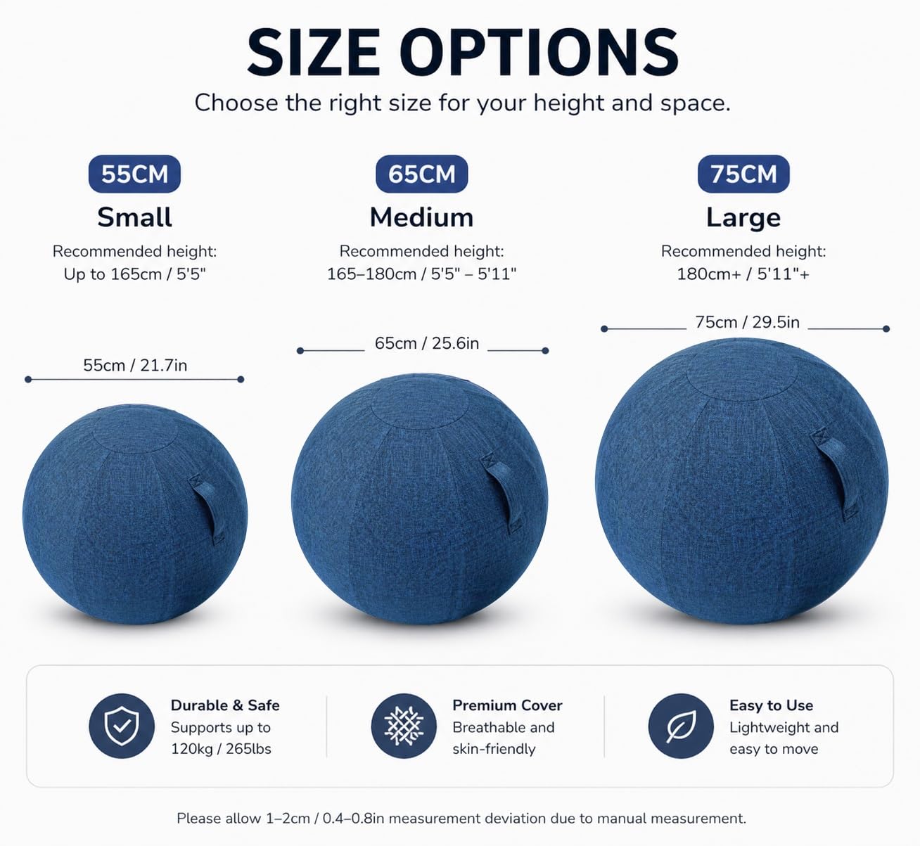 Sitzball mit Bezug Gymnastikball Stoffbezug Yogaball Fitnessball Büro Ergonomisch Home Office Pezziball Pumpe Tragegriff Waschbar