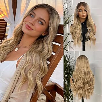 Party Daily Wig 13x4 Ombre Creamy Golden Blonde Synthetic HD Lace Front Wig Long Wavy Body Wave Heat Resistant Fiber Wigs Pre plucked Hairline